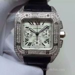 Swiss 2824 Cartier Santos Diamond Watch - SS White Chronograph Dial